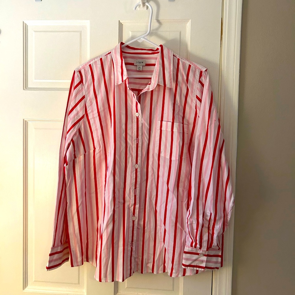 NWOT J Crew pink and red stripe button up shirt